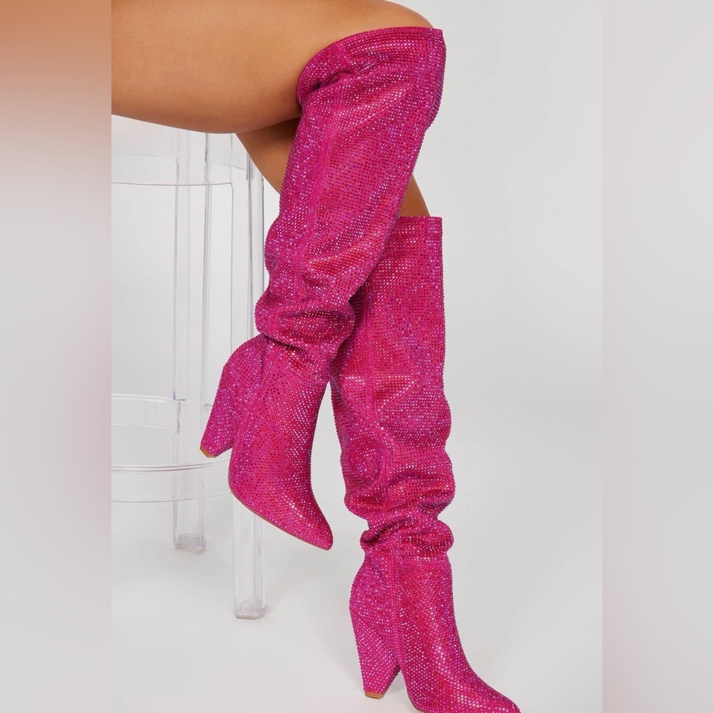 Pink Embellished Knee-High Women's Boots